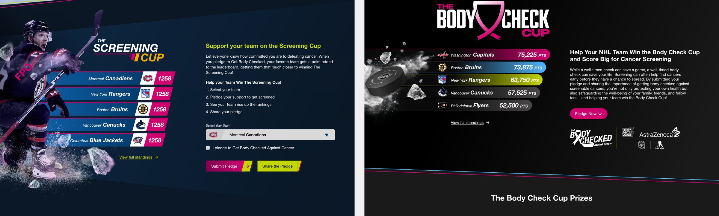Home page concept v2 with an embedded pledge module (left) next to the final comp V13 with the Body Check Cup leaderboard and Pledge Now button (right)
