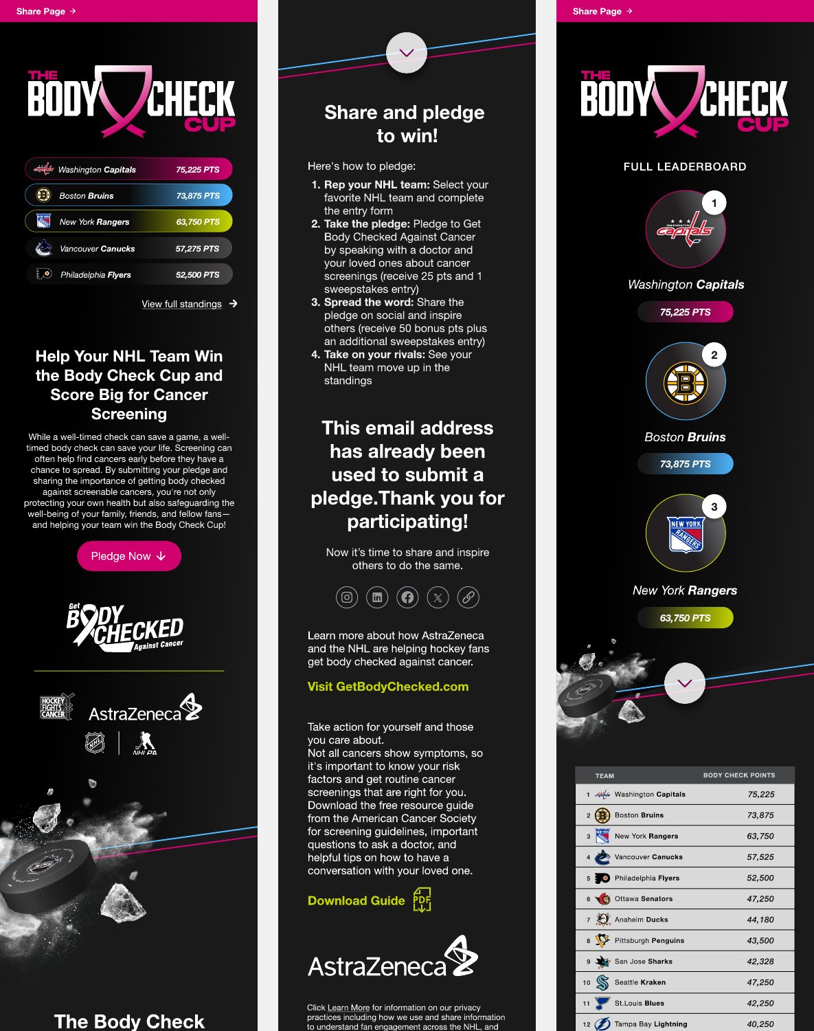 Three 375-pixel mobile screens: home with the Body Check Cup leaderboard, the email-already-used state, and the full leaderboard with top three teams