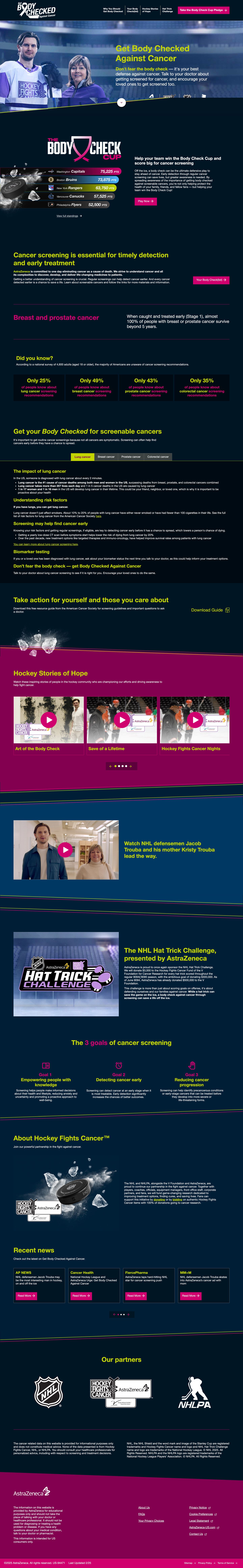 Full-length Get Body Checked site: hero, Body Check Cup leaderboard, screenable-cancer tabs, and Hockey Stories of Hope