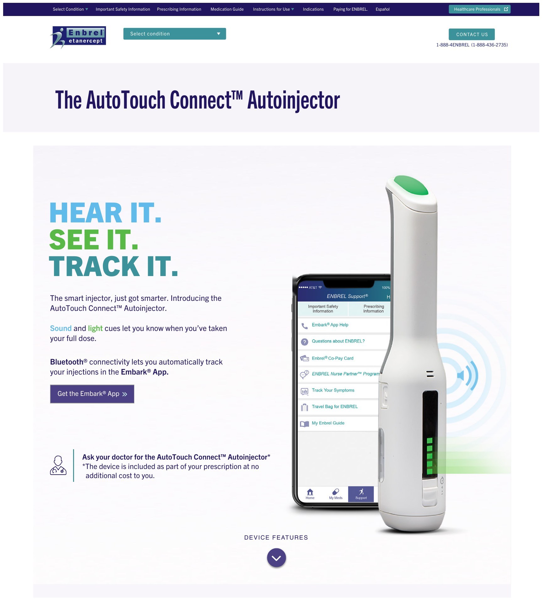 Final designed Enbrel.com AutoTouch Connect Autoinjector page with Hear it, See it, Track it headline and Get the Embark App button