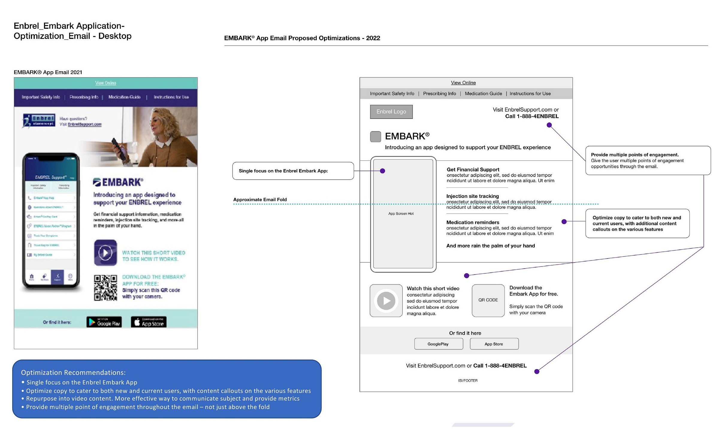 Enbrel EMBARK app email — 2021 original vs. 2022 proposed optimization