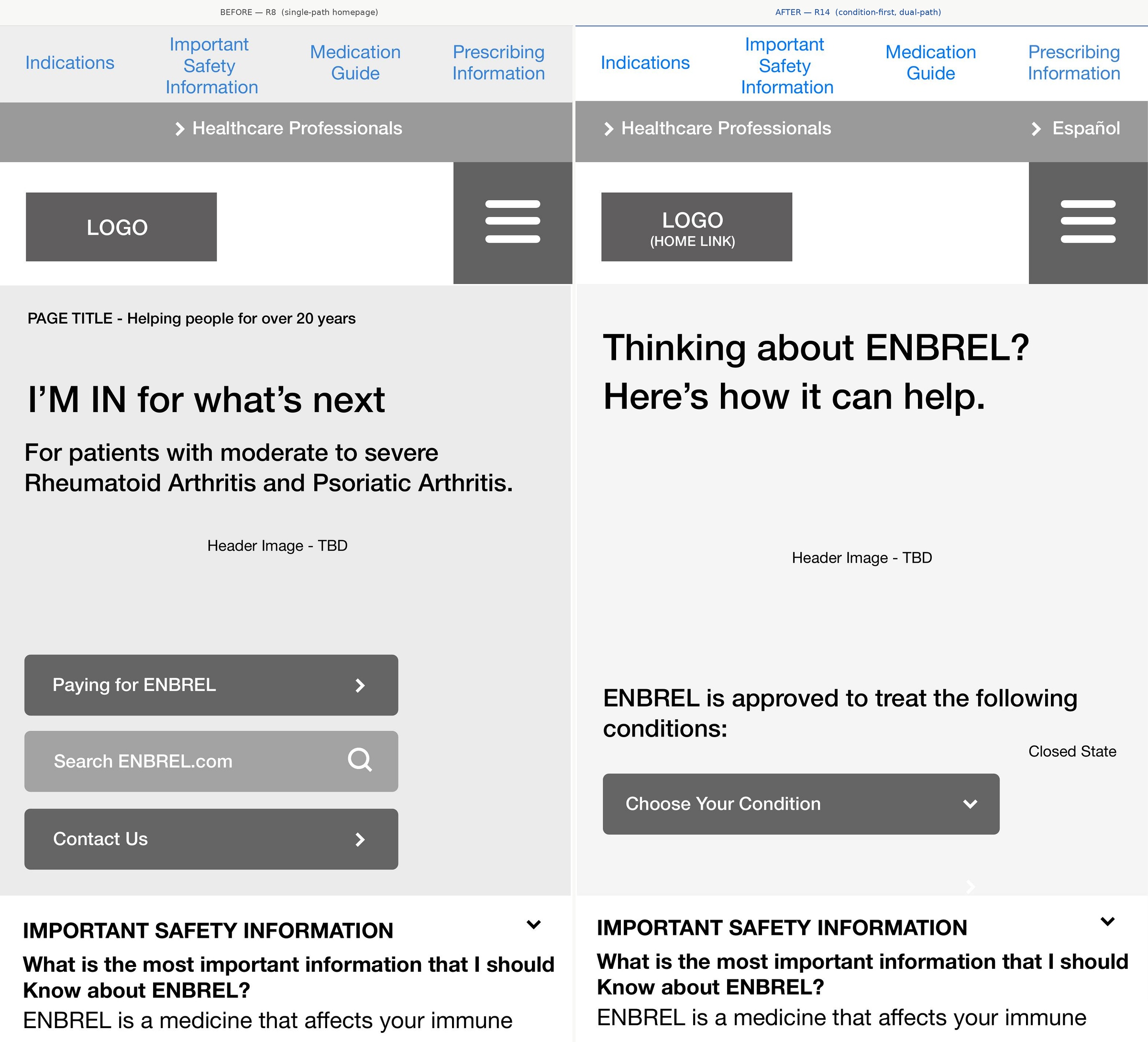 Enbrel.com homepage — before R8 single-path vs. after R14 condition-first dual-path
