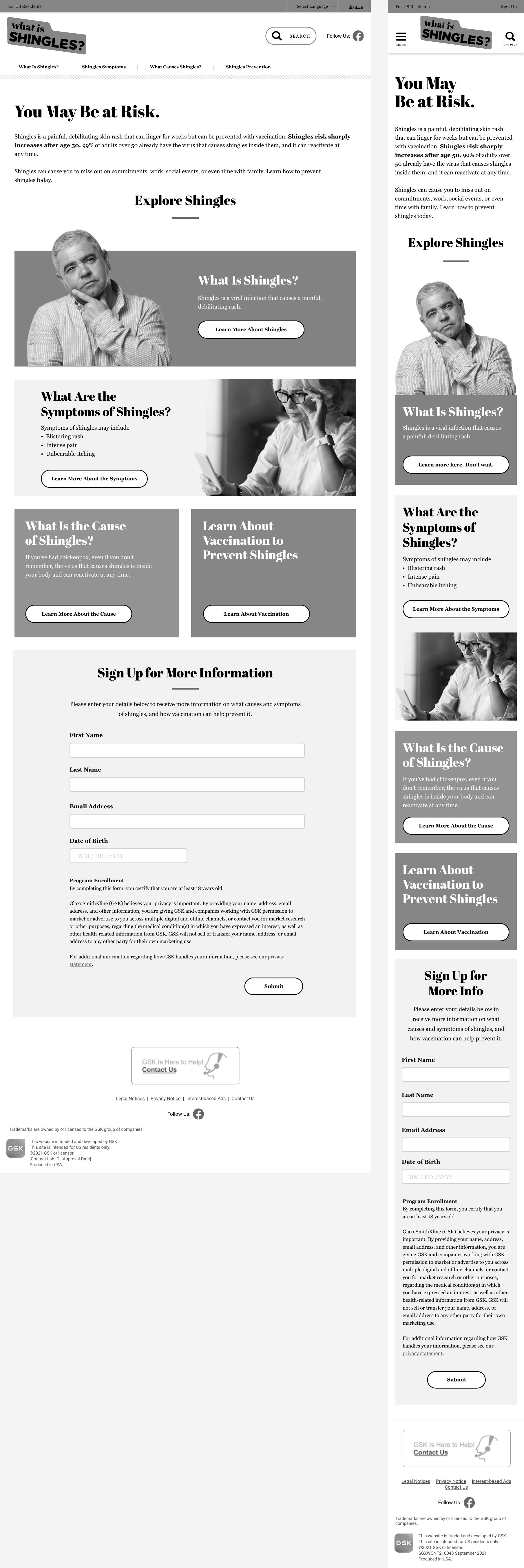 Full-length greyscale layout comp of the home page on desktop and mobile: a You May Be at Risk headline, panels for What Is Shingles, symptoms, causes and vaccination, and a Sign Up for More Information form