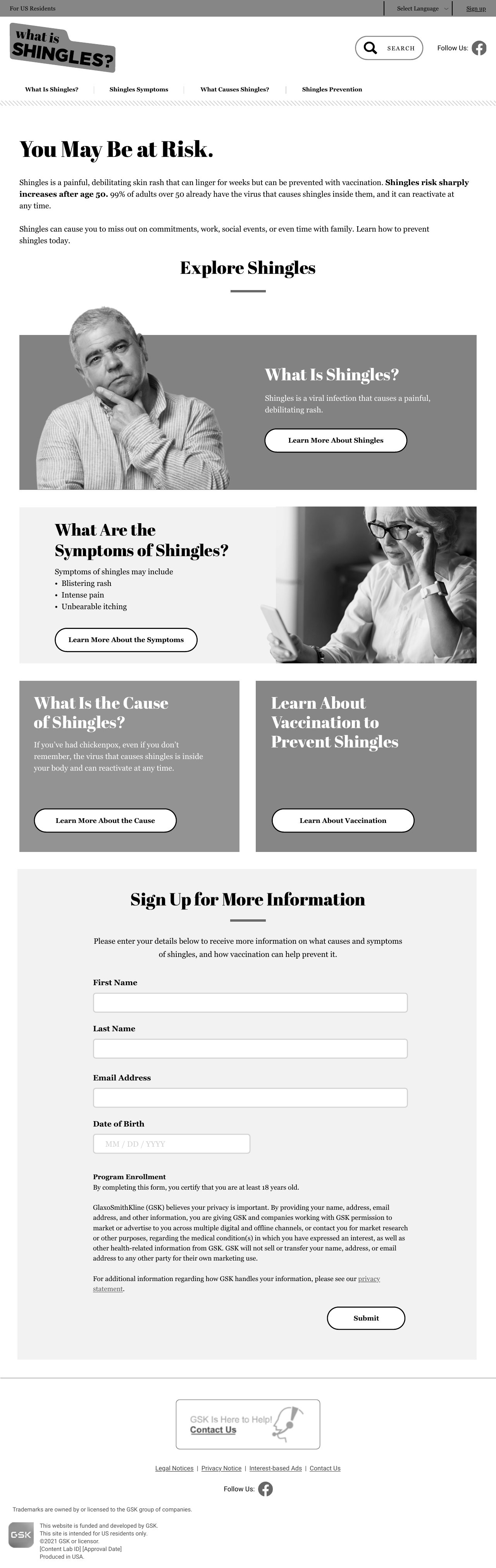 Full-length layout comp of the WhatIsShingles.com home page: a You May Be at Risk headline, four Explore Shingles panels, and a Sign Up for More Information form